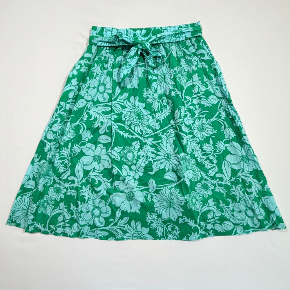 Talbots Floral Skirt Women's M Green Blue A-Line Tie Waist Pockets Casual Midi